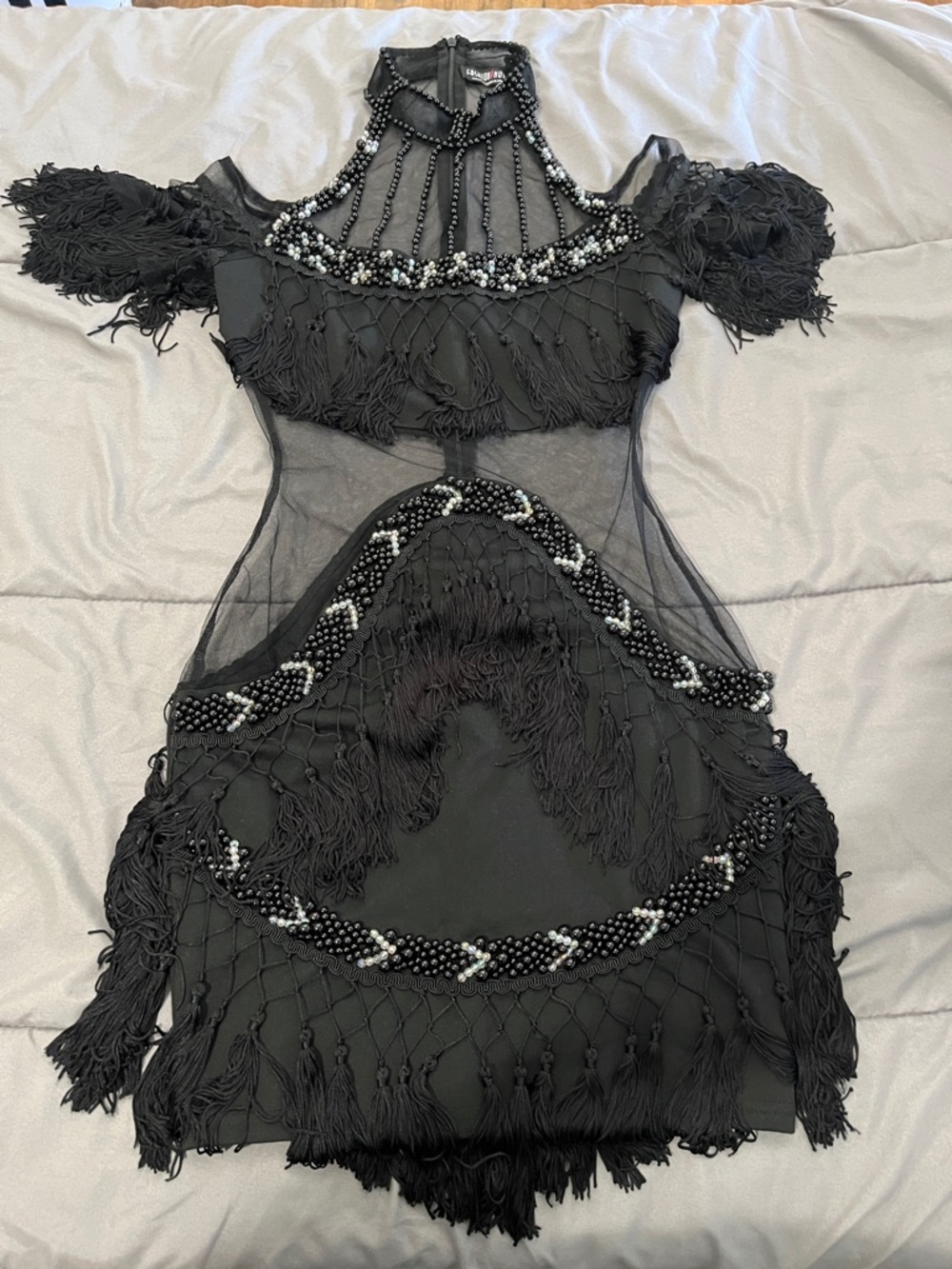 Fashion Nova Black Beaded Fringe Cold-Shoulder Mini Dress 👗